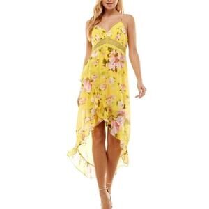 CITY STUDIO Womens Yellow Tie Lined Hi-lo
 Floral Spaghetti Strap Midi Dress XS